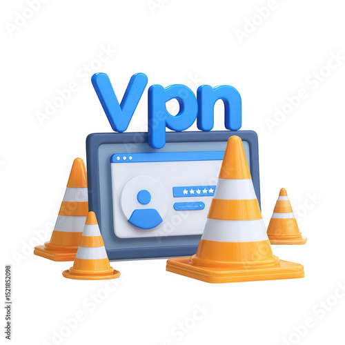 3d vpn server downtime with traffic cones isolated on transparent background