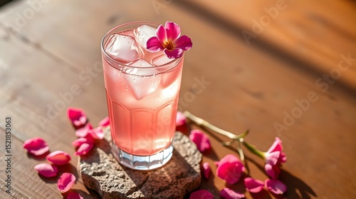 a single refreshing pink floral drink on table
