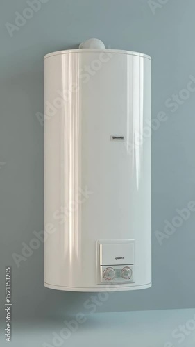 White water heater mounted on a grey wall, close-up of cylindrical household appliance providing hot water for domestic use, interior design