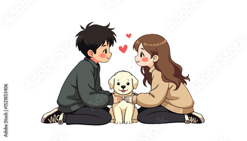 Anime-style couple with puppy sitting face to face, cute romantic cartoon illustration with hearts and love concept