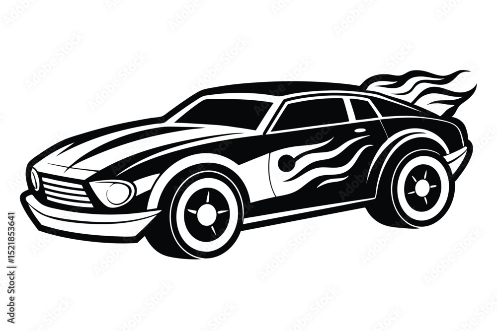 Fototapeta premium Stylized Silhouette of a Black Racing Car with Flames and Racing Stripes Graphic