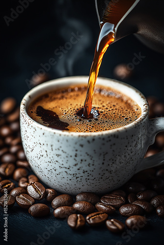 Dark roast coffee is poured into a white mug