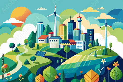 Cartoon vector illustration of a summer city landscape with houses, trees, and sky