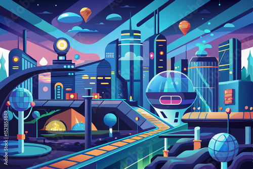 Night city urban landscape with people, cars, and street lights vector illustration