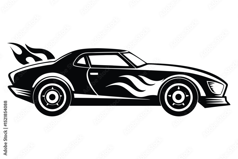 Fototapeta premium Black Classic Car with Flames Graphic and Custom Wheels Vector Illustration