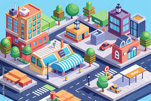 Vector isometric city illustration set with urban buildings, houses, and street architecture design