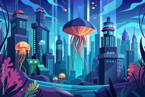 Abstract urban cityscape illustration: a vector design of a city skyline with grunge buildings, towering architecture, and a polluted night sky
