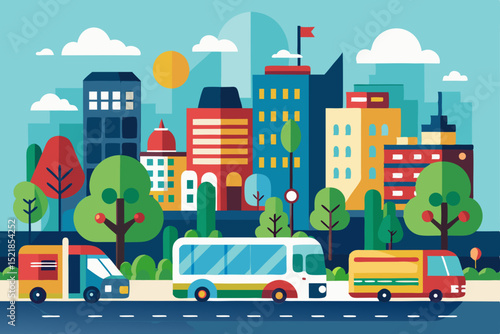 A vibrant cartoon cityscape illustration with cars, buildings, and houses on a bustling urban street under a clear sky