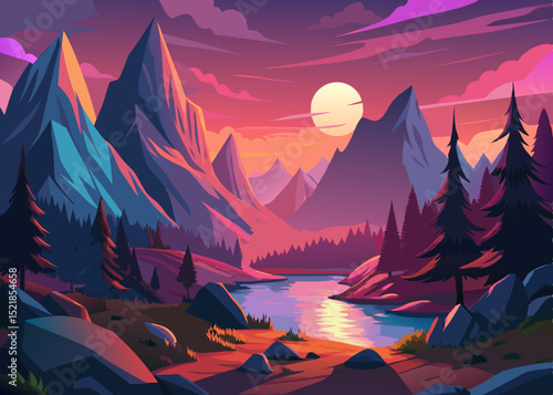 Vibrant sunset mountain lake landscape, clean cutout