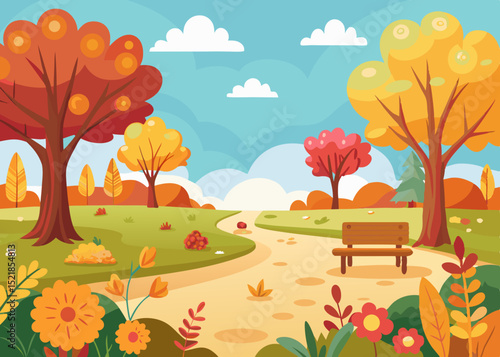 Autumn park scene with bench, isolated trees, png