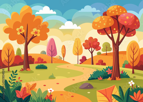Autumn park landscape, colorful trees, winding path, transparent background