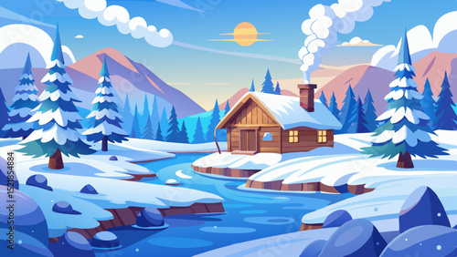 Cozy winter cabin by frosty river, snow covered mountains