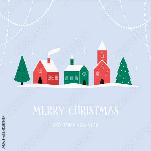 Christmas Greeting Card, Cityscape of Houses with Snow Roofs, Pine Trees
