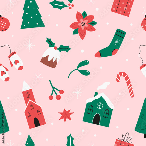 Seamless Christmas Pattern with Buildings, Gifts, Trees, Candy Canes and Holiday Icons