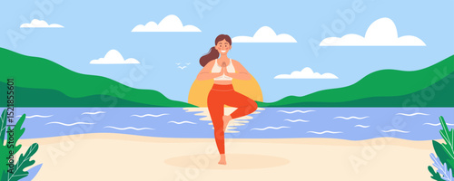 Smiling young woman practicing tree pose yoga on a serene beach at sunset. Peaceful outdoor wellness and healthy lifestyle, trendy flat hand drawn vector illustration. Mindfulness and balance.