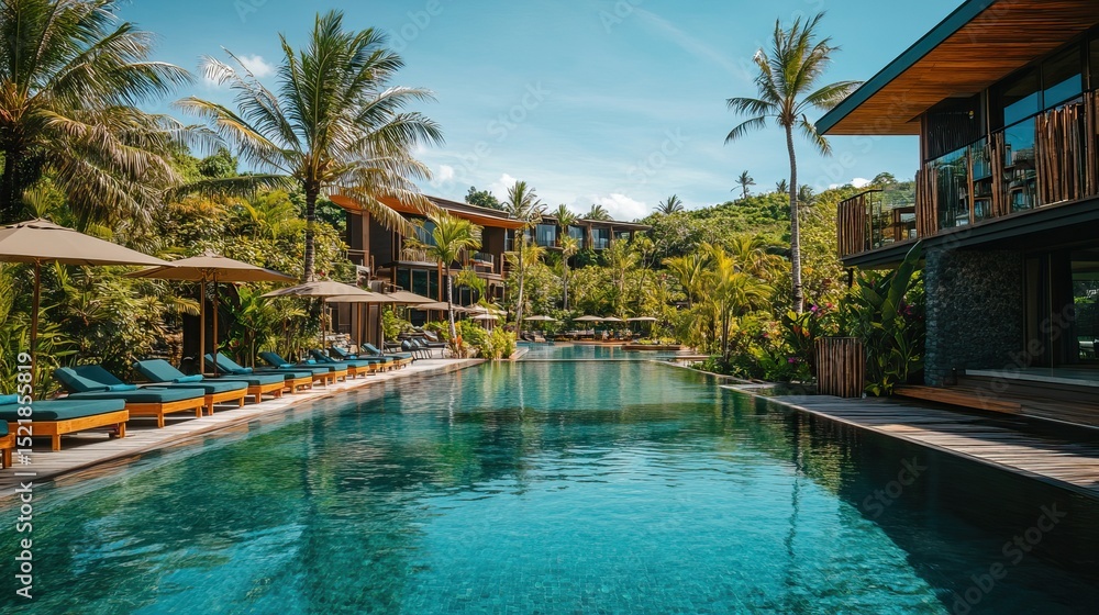 Fototapeta premium Luxury tropical resorts with curved buildings, pools and palm trees. Summer Vacation. AI generated image