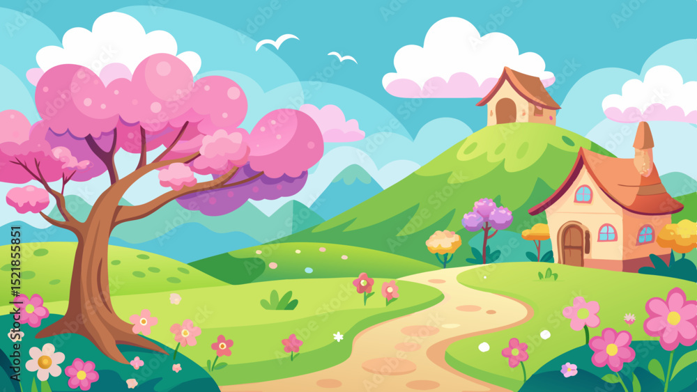 Naklejka premium Spring landscape with cute houses and blooming tree