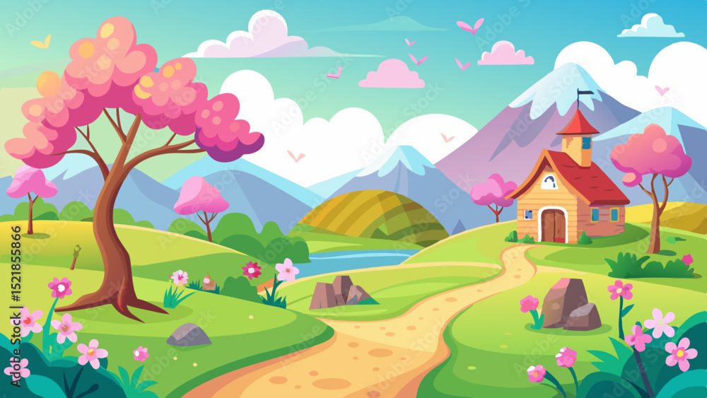 Fototapeta premium Spring landscape with house, mountains, and blossoms