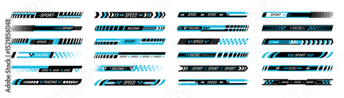 Sport racing stripes. Sport car decal sticker. Speed stripes, numbers, checkered flags, text slogans for race cars, motorcycles, helmets and athletic gear. Vector transport marking