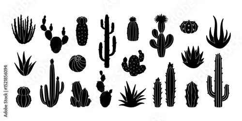 Cactus silhouette. Black desert plant. Southwestern dry landscapes, nature wilderness. Western cactuses symbol. Botany, garden, succulent plants. House flowerpot. Vector set