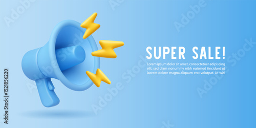 3d megaphone. Sale banner with blue loudspeaker. Realistic bullhorn with lightning. Announcement elements and yellow bolts for sale, promo, message poster. Vector concept background