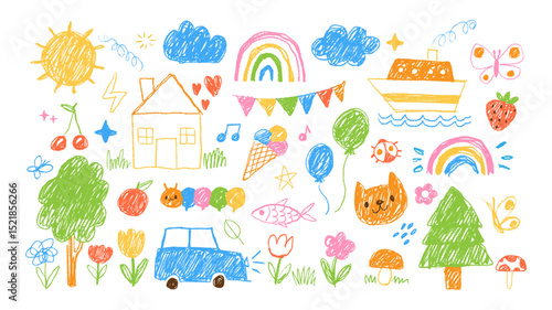 Kids doodle. Children simple colorful drawing. Hand drawn kid chalk scribble elements, pencil character, crayon sun, rainbow, trees, house, cloud, animals. Sketch vector set