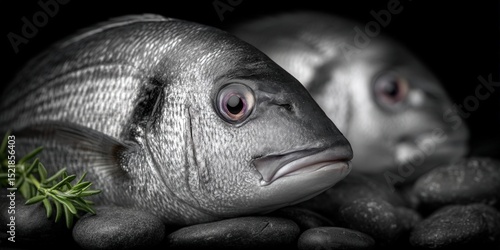 Fototapeta Naklejka Na Ścianę i Meble -  Close-up of two fresh fish resting on smooth pebbles with green herbs highlighting the pristine quality of marine ingredients captured in elegant monochrome tones
