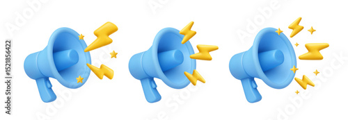 3D megaphone with lightning. Announcement concept with loudspeaker and bolts. Rendered blue bullhorn, yellow lightning bolt, stars. Marketing promotion. Vector media set