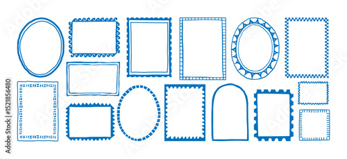 Doodle frame. Hand drawn border. Minimal freehand stroke wavy square, rectangle, circle, arch, oval shapes frames. Marine curved, striped borders. Vector set