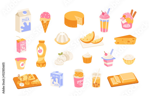 Milk products. Dairy. Organic Fresh milk drinks, yogurt, butter, cream, milkshake, milk dessert, milky drink, cheese. Farm natural food in packing. Milk ingredient meal. Vector set
