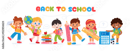 Back to school. Kids school banner. Playful background with happy children with backpacks, school supplies, books, globe, pencils. Educational learning programs, centers. Vector concept