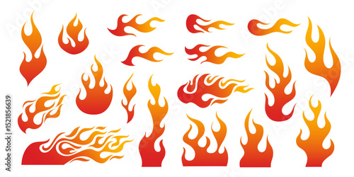 Racing flames. Hot speed fire stickers. Flame car decal, race cars, motorcycles, hot rods, and sports gear. Vintage tattoo fiery design. Burning rubber racetrack logo. Vector collection