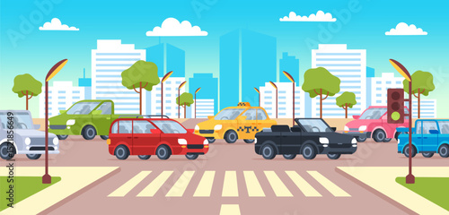 City crossroads with cars. Street traffic scene. Cityscape and vehicle. Urban crossroad with car stopped, moving on street. Sidewalk with building, tree, traffic light. Vector concept