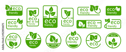 Eco labels. Eco-friendly leaf icons. Green leaves stickers. Organic vegan food symbols. Save planet, go green, energy saving. Natural products badge. Vector collection