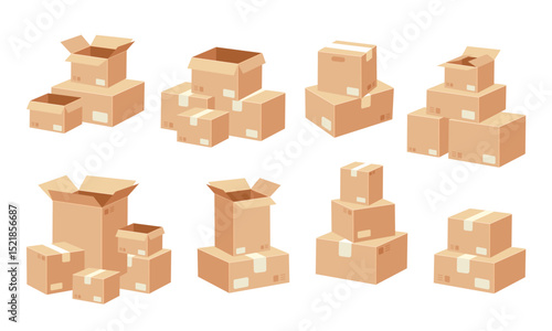Cardboard box stack. Stacked carton boxes. Packing, moving shipping, transportation parcels. Warehouse parcel pile for cargo. Postal delivery service. Vector set