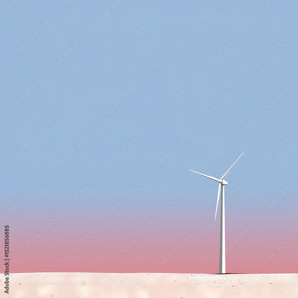 Fototapeta premium A serene minimalist illustration of a wind turbine at sunrise, featuring clean silhouettes and a warm color gradient with ample negative space. This peaceful artwork combines renewable energy imagery