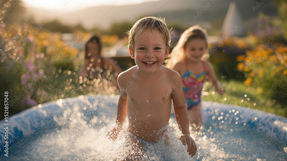Children Playing Joyfully in a Vibrant Garden with Water Fun Children Playing Joyfully in a Vibrant Garden with Water Fun