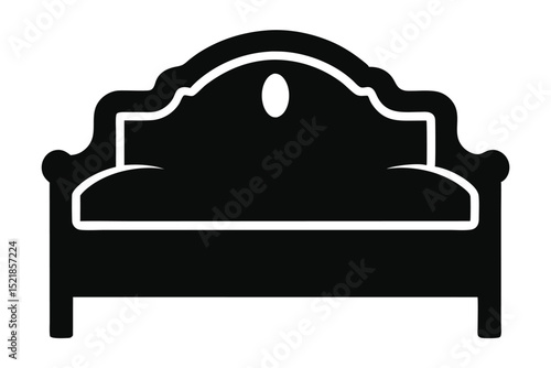 Black silhouette of a luxurious bed with a detailed headboard design and oval accent