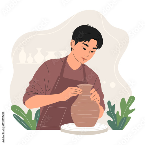 Young asian man shaping clay on a spinning pottery wheel. Creative hobby and traditional craft concept. Trendy flat hand drawn vector illustration of character, pottery workshop. Handmade ceramic vase