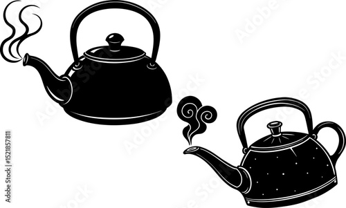 Silhouette of a tea kettle with steam. teapot and cup.