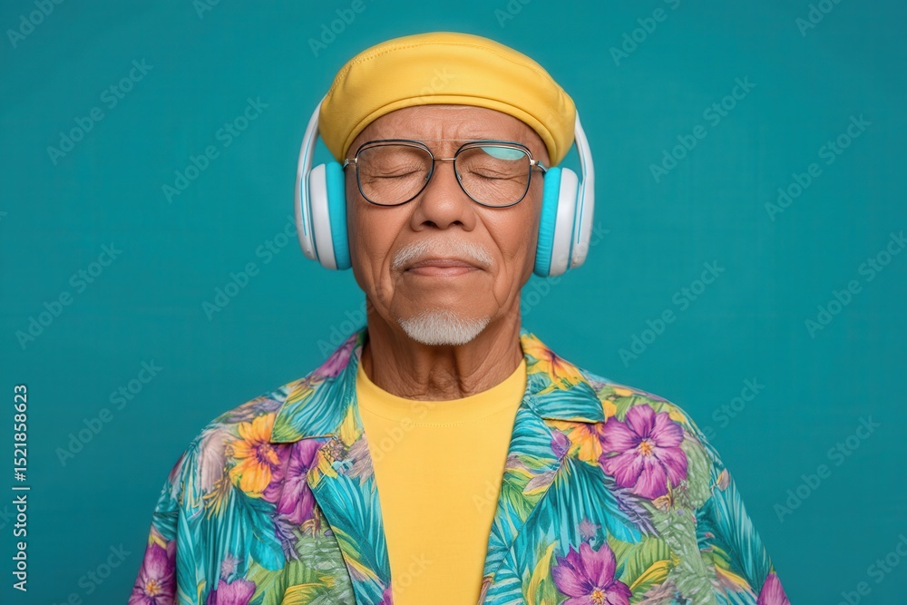 Fototapeta premium Joyful elderly man wearing flower-patterned shirt and yellow hat listens to music with headphones on bright turquoise backdrop expressing vibrant creativity and happiness