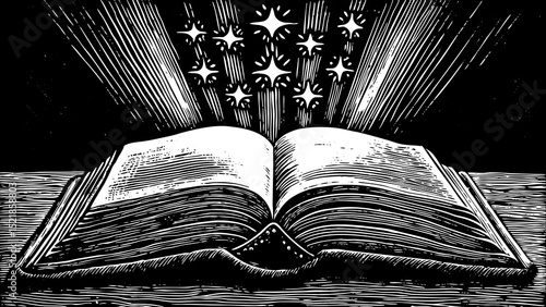 A black and white sketch vector of an open book with magical glowing symbols rising