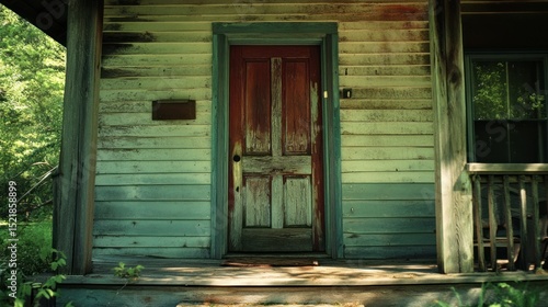 A weathered red door on an old abandoned rural porch