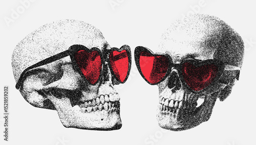 skull wearing heart-shaped sunglasses, retro stipple effect set, vintage photocopy collection