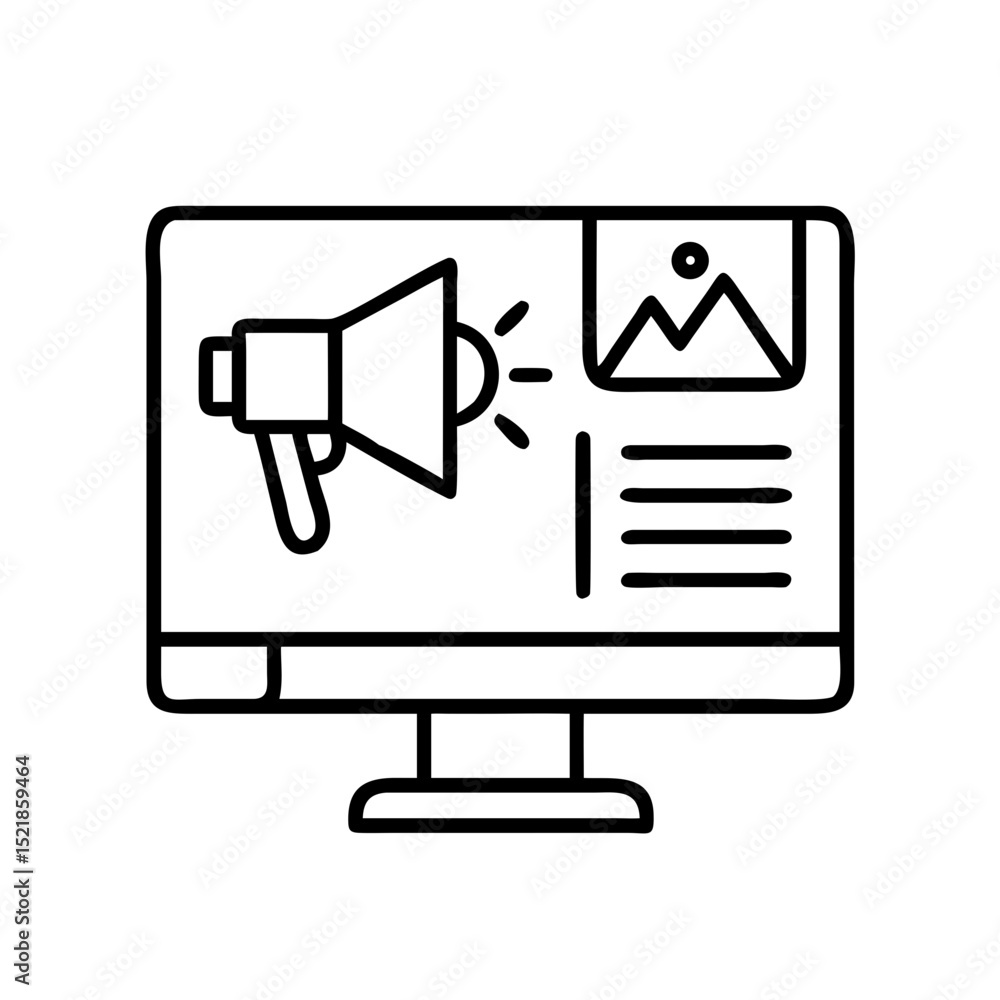 Digital marketing strategy on computer screen with megaphone and content promotion campaign icon vector Digital marketing strategy on computer screen with megaphone and content promotion campaign icon vector