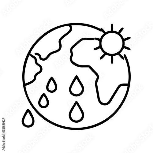 Global warming and climate change concept with earth, sun, and rain drops vector line drawing art