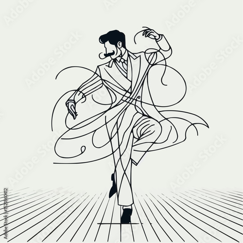 Stylish dancer in elegant suit expressing charisma in dynamic pose on simple background
