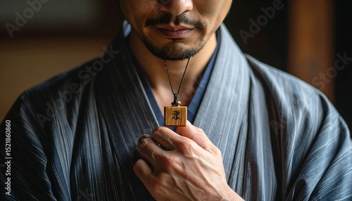 Eyes closed in serenity with a cherished Japanese omamori