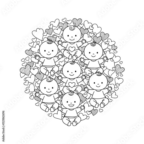 A vector illustration depicts seven smiling babies arranged in a circular pattern, surrounded by numerous hearts of varying sizes and patterns, on a white background.