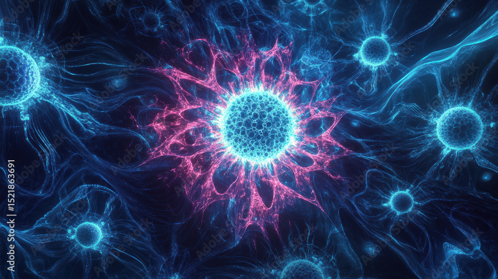 Fluorescent virus surrounded by immune energy fields, immune Fluorescent virus surrounded by immune energy fields, immune